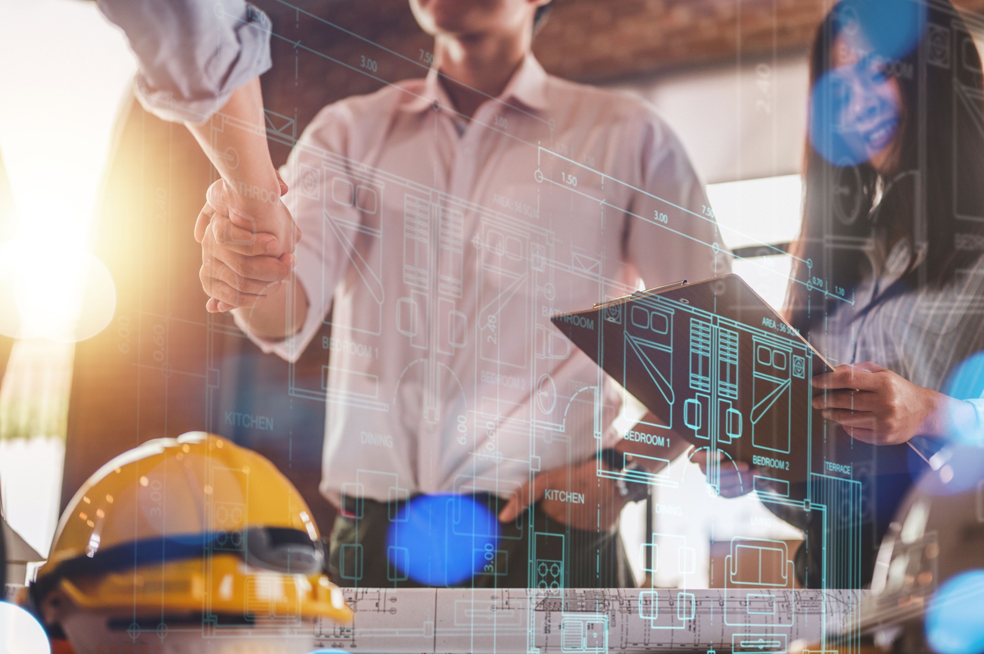 engineers and team shake hands around blueprint and structure with controller smart home hud. engineers and team shake hands around blueprint and structure with controller smart home hud.